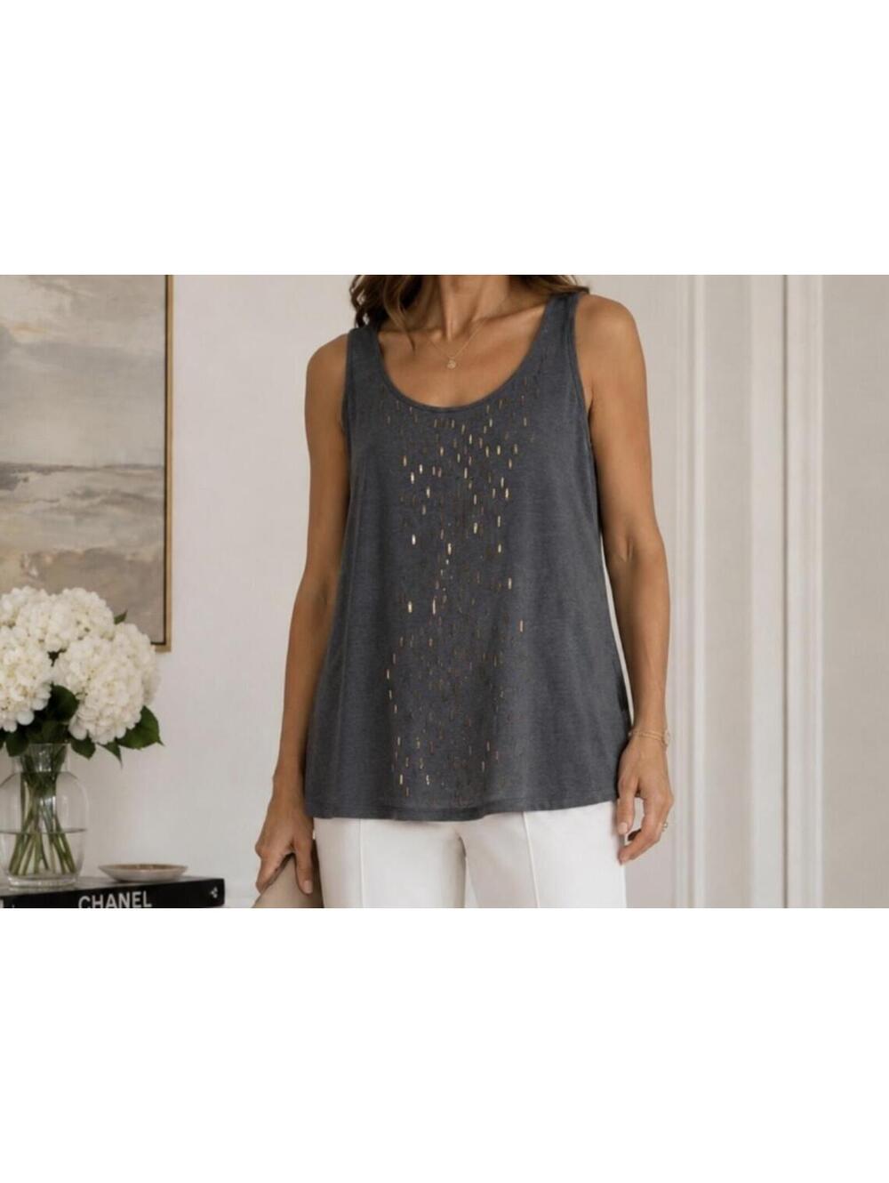 EILEEN FISHER Black Linen Sequin Tank Top Boho Coastal XS - Picture 7 of 7